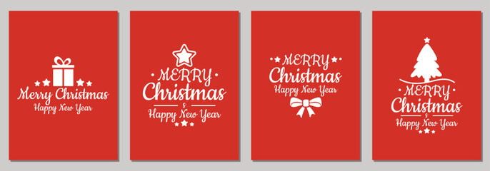 Christmas cards with text happy new year and christmas with new year tree, gift box, xmas decorations and typography design. Red and white color. Vector illustration.