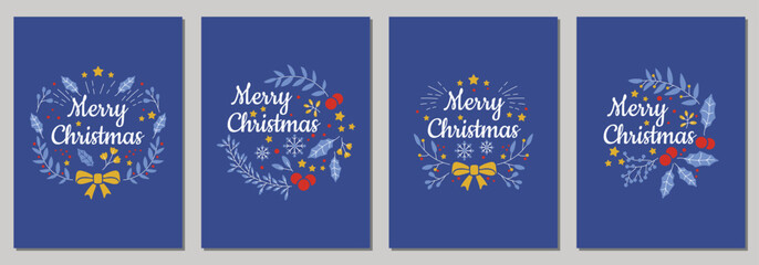 Naklejka na ściany i meble Christmas cards with text merry christmas with xmas decorations and typography design. On the blue background. Vector illustration.