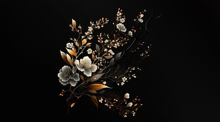 Blooming cherry tree branch on black background. Spring blossom illustration. White flowers blossom on a cherry tree branch on black background.