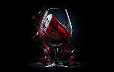 Naklejka na ściany i meble Broken wineglass on black background. Shattered wine glass with red wine. Red vine splash out broken glass. Generative AI broken wine glass illustration.