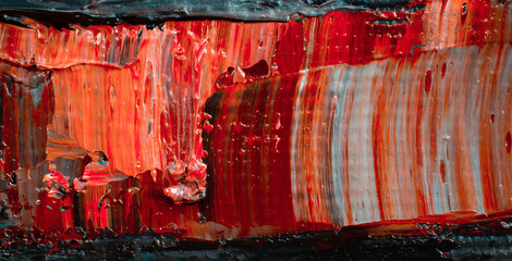 Macro. Abstract art. Expressive embossed pasty oil paints and reliefs. Colors: white, red, blue, black black, brown.