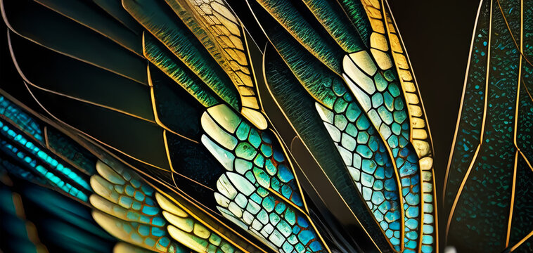 Rainbow color dragonfly wings background. Dragonfly wing close up. Dragonfly wing close up texture.