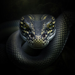 Deadly black snake looking into the camera. Exotic snake look at you. Snake eyes. Reptile predator. Agressive snake face close up. - obrazy, fototapety, plakaty