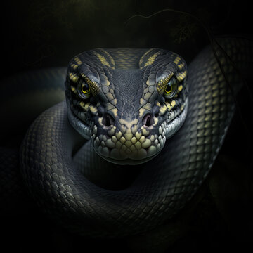 Deadly black snake looking into the camera. Exotic snake look at you. Snake eyes. Reptile predator. Agressive snake face close up.