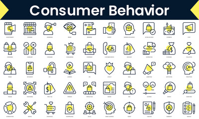 Set of thin line consumer behavior Icons. Line art icon with Yellow shadow. Vector illustration