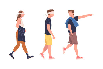 Fototapeta premium Man and Woman Character Wearing Blindfold Following One Person Trusting Him Vector Set