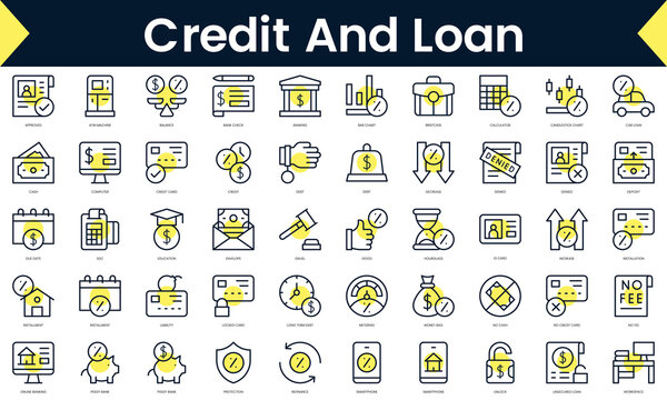 Set of thin line credit and loan Icons. Line art icon with Yellow shadow. Vector illustration