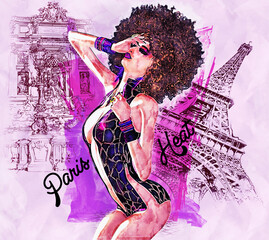 Paris fashion and beauty scene.  French style comes through in this electric digital art combination of clothing, hair, makeup and background scenery