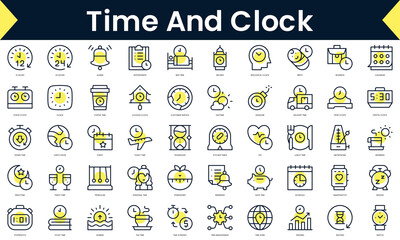Set of thin line time and clock Icons. Line art icon with Yellow shadow. Vector illustration