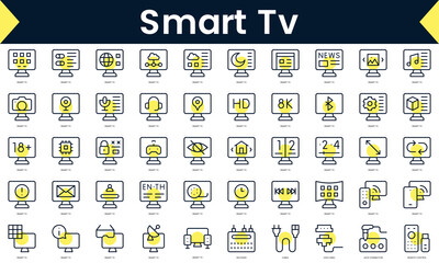 Fototapeta na wymiar Set of thin line smart tv Icons. Line art icon with Yellow shadow. Vector illustration