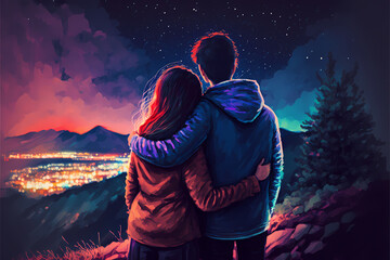 young couple embracing each other in love on the hill outdoor at night, silhouette facing showing back, colorful illustration art drawing 