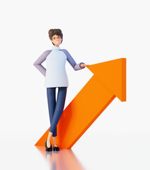 Successful business woman  stays next to arrows pointing up. Happy office workers 3D rendering illustration