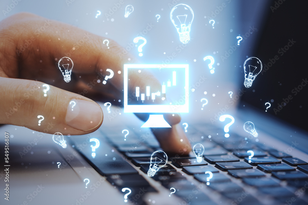 Poster financial data analysis concept. close up of male hands using laptop computer keyboard with glowing 