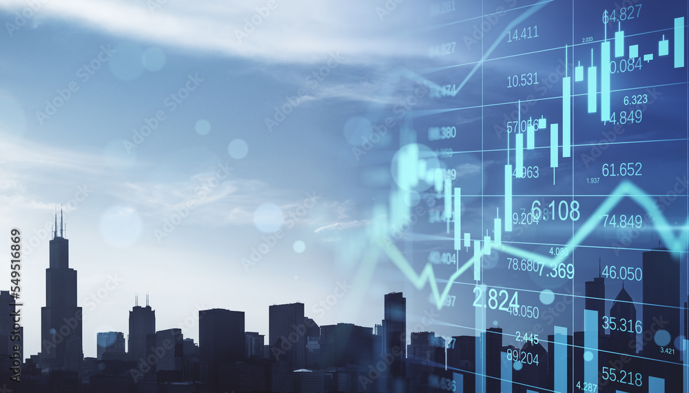 Poster Glowing business chart hologram and index on blurry city background with mock up place in sky. Finance, trade and invest concept. Double exposure.