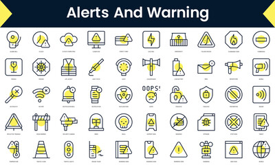 Set of thin line alerts and warning Icons. Line art icon with Yellow shadow. Vector illustration - obrazy, fototapety, plakaty