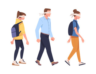 Fototapeta premium Man and Woman Character Wearing Blindfold Following Someone Trusting and Having Faith in Something Vector Set