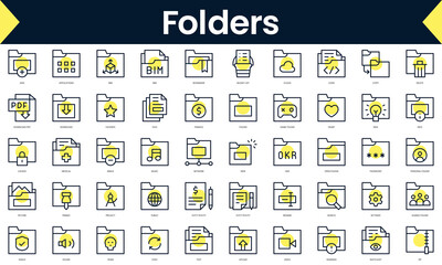 Set of thin line folders Icons. Line art icon with Yellow shadow. Vector illustration