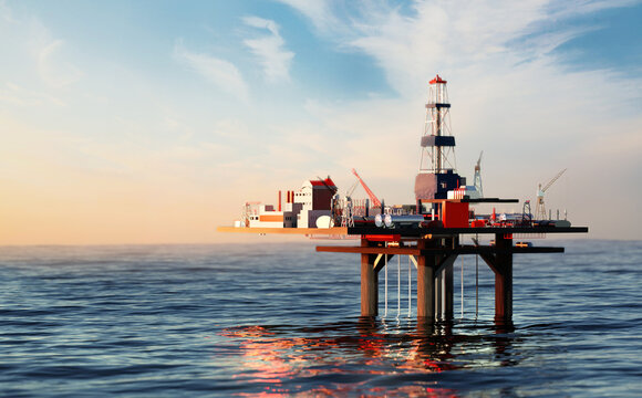 Oil platform in the sea at sunset. Oil mining concept