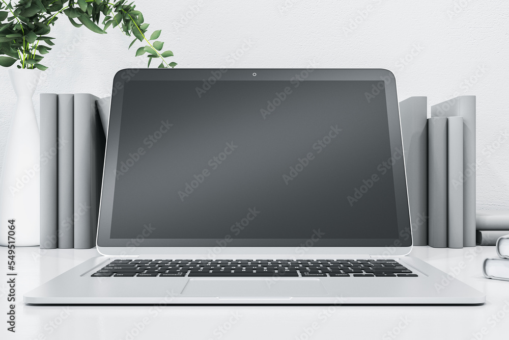Aufkleber creative white designer desktop with empty mock up computer monitor and books. 3d rendering.