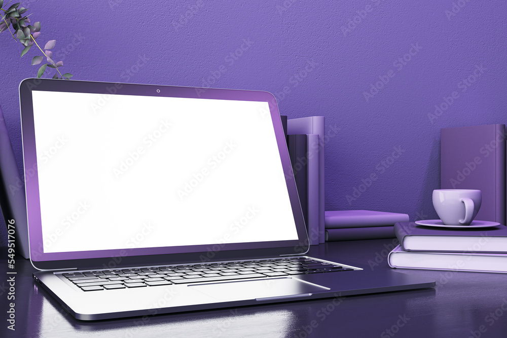 Poster Contemporary purple designer desktop with empty mock up computer monitor, coffee cup and books. 3D Rendering.