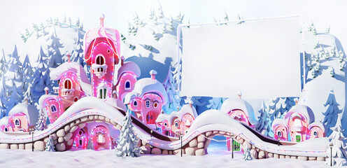 Fantasy village at winter. Cartoon Christmas scene with big banner for text
