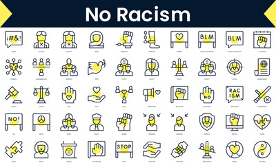 Set of thin line no racism Icons. Line art icon with Yellow shadow. Vector illustration