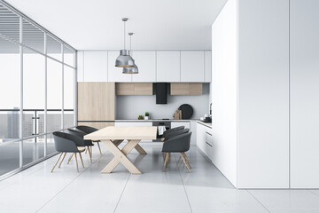 Contemporary white studio interior with panoramic window and city view, furniture and daylight. 3D Rendering.