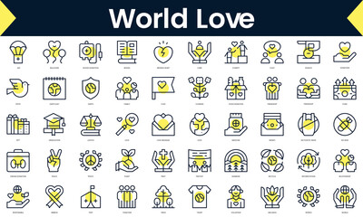 Set of thin line world love Icons. Line art icon with Yellow shadow. Vector illustration