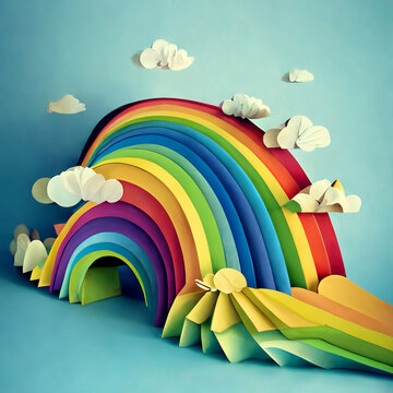 Paper craft rainbow. Origami rainbow with clouds on blue background. Handcraft paper rainbow over hills. Design element.