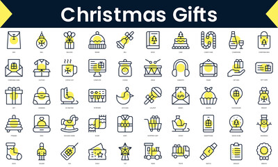 Set of thin line christmas gifts Icons. Line art icon with Yellow shadow. Vector illustration