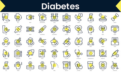 Set of thin line diabetes Icons. Line art icon with Yellow shadow. Vector illustration