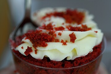 trifle in a cup red velvet cake. holiday dessert. New Year's dessert