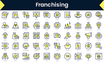 Set of thin line franchising Icons. Line art icon with Yellow shadow. Vector illustration