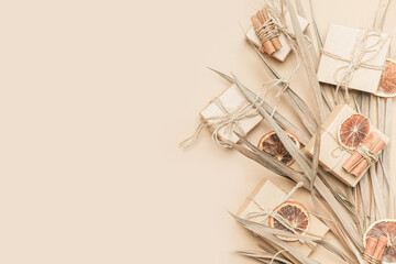 Merry Christmas.Christmas stars handmade light beige background.Monochrome,Christmas background,holiday card.DIY christmas flat lay copy space.Christmas zero waste, paper, eco postcard