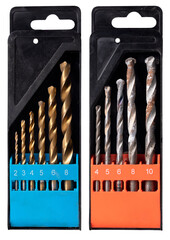 Metal and concrete drill bits in a plastic box on an isolated background.