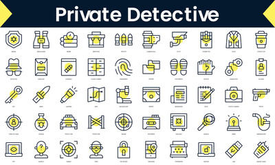 Set of thin line private detective Icons. Line art icon with Yellow shadow. Vector illustration