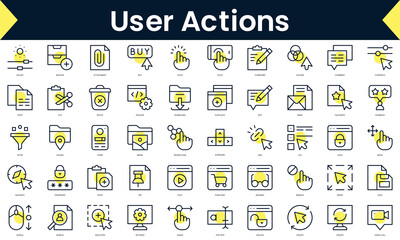 Set of thin line user actions Icons. Line art icon with Yellow shadow. Vector illustration
