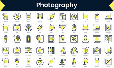 Set of thin line photography Icons. Line art icon with Yellow shadow. Vector illustration