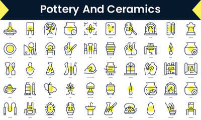 Set of thin line pottery and ceramics Icons. Line art icon with Yellow shadow. Vector illustration