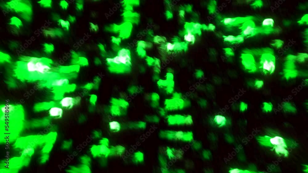 Poster dark background with green blue squares without focus. motion. light particles moving in different d