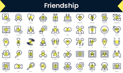 Set of thin line friendship Icons. Line art icon with Yellow shadow. Vector illustration