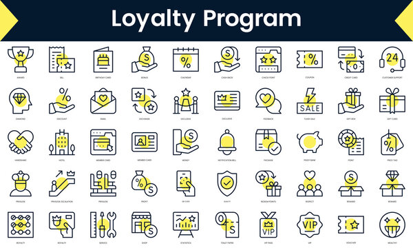 Set of thin line loyalty program Icons. Line art icon with Yellow shadow. Vector illustration