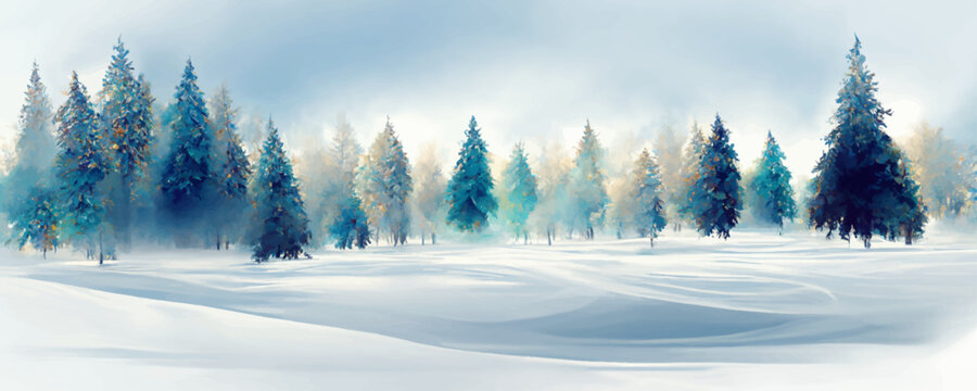 Vector winter scene with forest background isolated