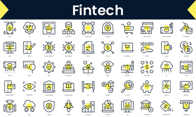 Set of thin line fintech Icons. Line art icon with Yellow shadow. Vector illustration