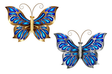 Fototapeta na wymiar Vector gold and silver jeweled butterflies. White background.