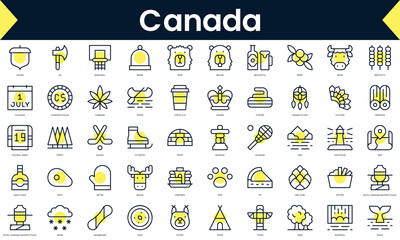 Set of thin line canada Icons. Line art icon with Yellow shadow. Vector illustration