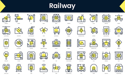 Set of thin line railway Icons. Line art icon with Yellow shadow. Vector illustration