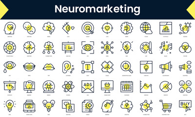 Set of thin line neuromarketing Icons. Line art icon with Yellow shadow. Vector illustration