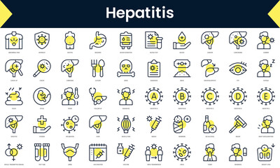 Set of thin line hepatitis Icons. Line art icon with Yellow shadow. Vector illustration