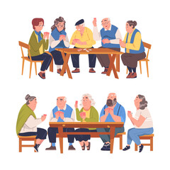 Senior Man and Woman Friends Playing Cards Game Sitting on Bench at Table Vector Set